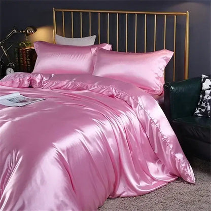 Pink satin duvet cover and pillowcases in DecorBites™ luxury mulberry silk bedding set queen king size with glossy finish