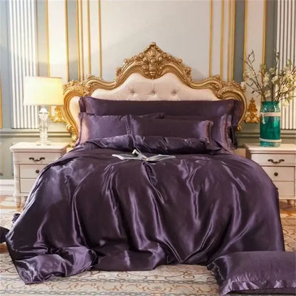 Purple satin mulberry silk bedding set with duvet cover and matching pillows paired with tufted cream headboard