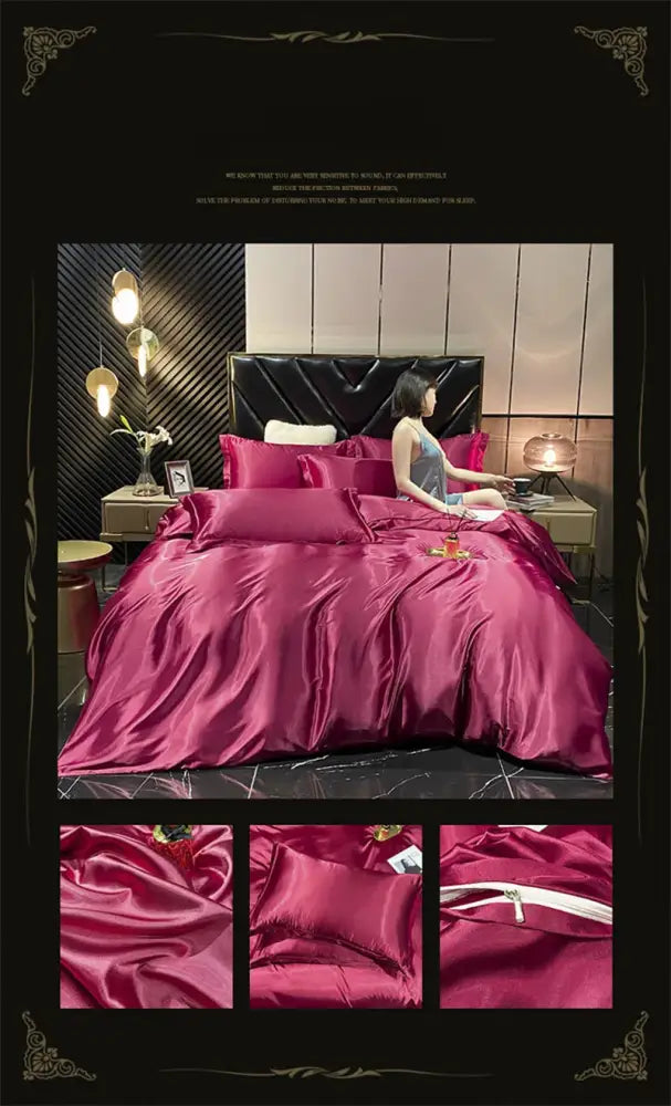Decorbites luxury mulberry silk bedding set queen king size with rich burgundy satin duvet cover and quilted black headboard