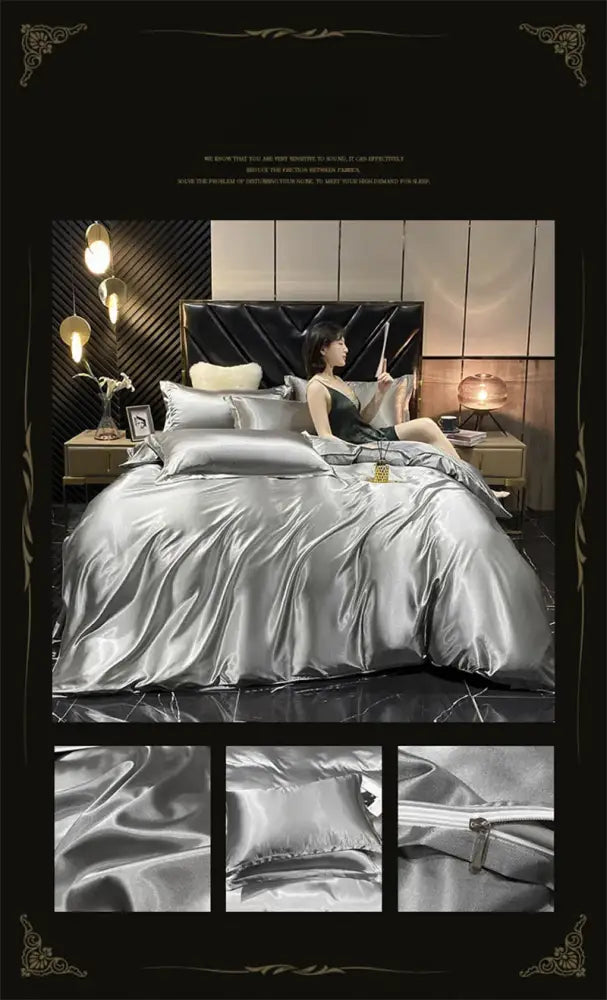 Shiny silver satin decorbites luxury mulberry silk bedding set with duvet cover and matching pillowcases queen king size