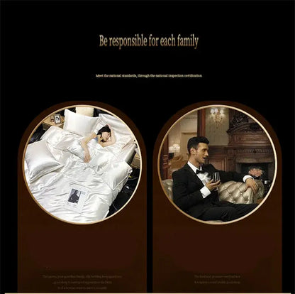 Silky white satin duvet cover set with subtle sheen in a luxury mulberry silk bedding set by decorbites displayed on bed