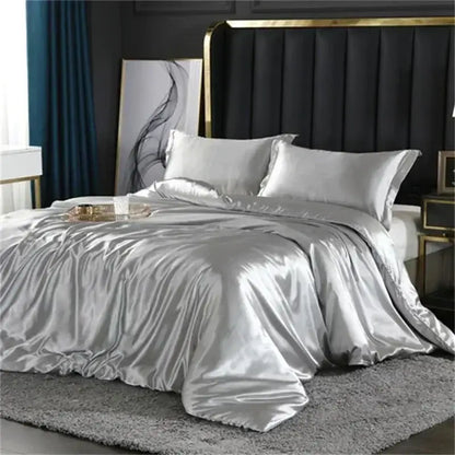 DecorBites luxury mulberry silk duvet cover set in silver satin with matching pcs fitted sheet and pillowcases