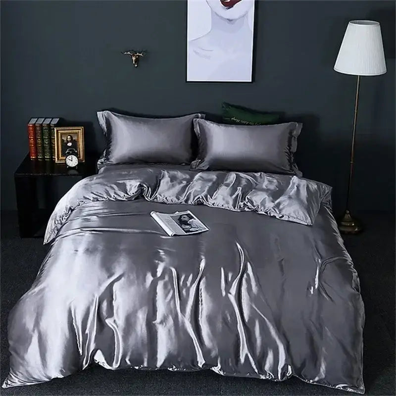 Silver satin decorbites™ luxury mulberry silk bedding set queen king size with duvet cover and matching pillows