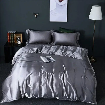 Silver satin decorbites™ luxury mulberry silk bedding set queen king size with duvet cover and matching pillows