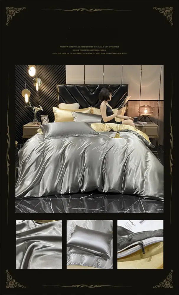 Silver satin mulberry silk bedding set with duvet cover pillows and quilted headboard for queen king bed