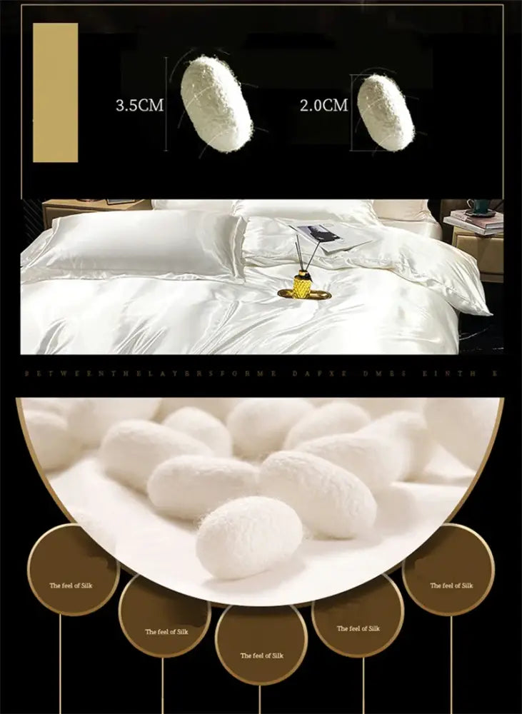 White silk cocoons in various sizes with measurements displayed alongside decorbites™ luxury mulberry silk duvet cover bedding set