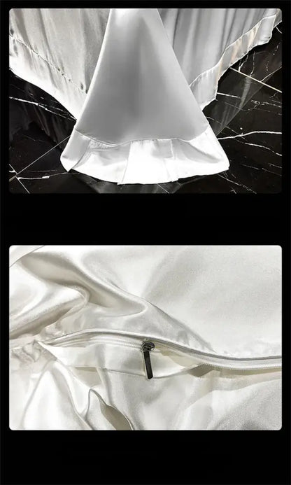 White satin pillowcase with ruffled edge and zipper closure from decorbites™ luxury mulberry silk bedding set queen king size