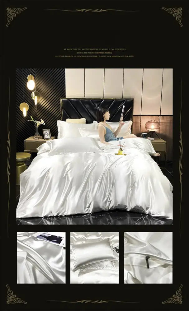 Decorbites luxury mulberry silk white duvet cover bedding set with glossy satin finish and matching pillowcases queen king size