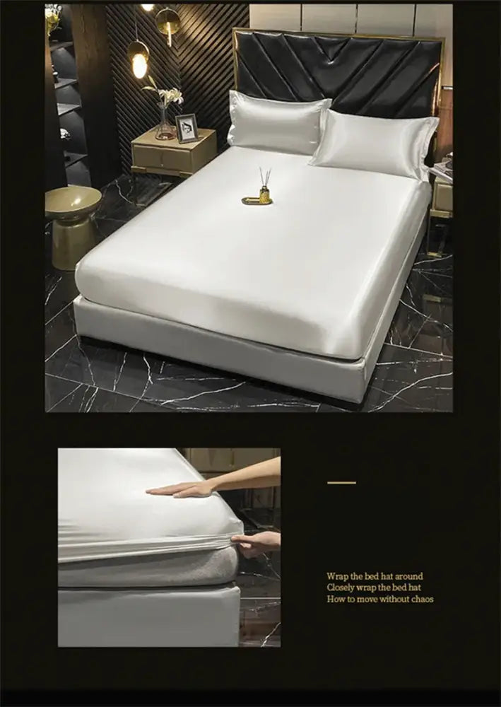 White satin bed hat with smooth glossy finish and elastic edges in decorbites luxury mulberry silk bedding set queen king size