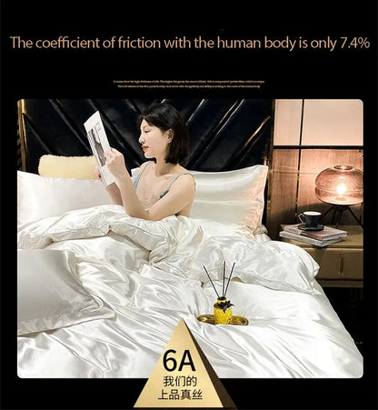 White satin duvet cover with smooth glossy finish and elegant folds from decorbites luxury mulberry silk bedding set