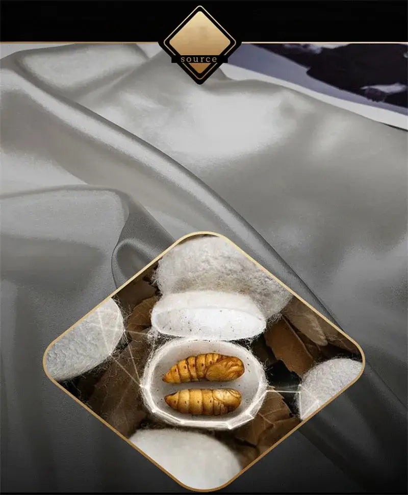 A white ceramic bowl with golden silkworms and silk cocoons showcasing mulberry silk for decorbites luxury bedding set