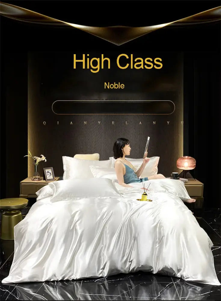 White satin duvet cover set with luxurious sheen in a high-class bedroom featuring decorbites™ mulberry silk bedding set