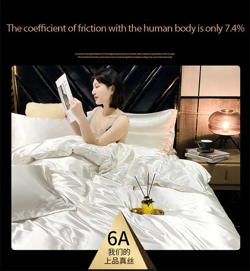 White satin duvet cover with smooth glossy finish and elegant folds from decorbites luxury mulberry silk bedding set