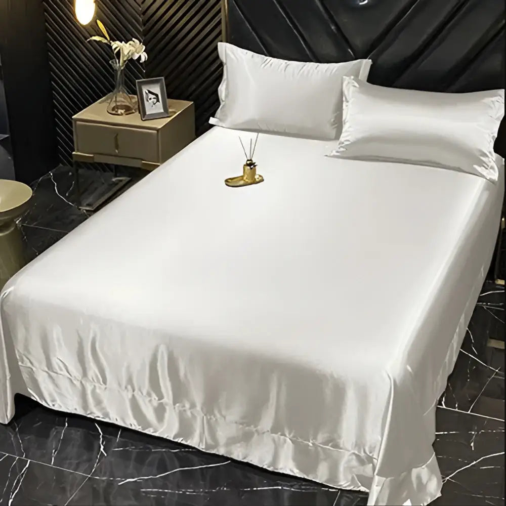 White satin duvet cover with subtle sheen and ruffled hem from decorbites luxury mulberry silk bedding set queen king size