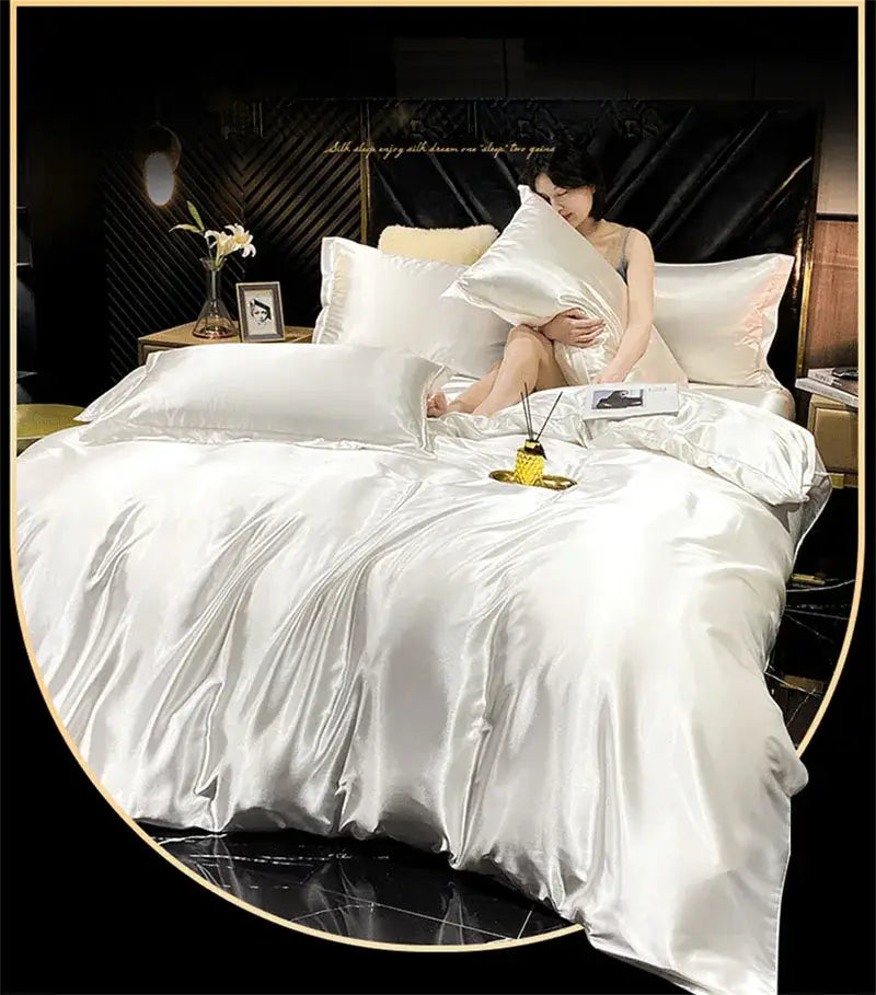 White satin DecorBites™ luxury mulberry silk bedding set with glossy duvet cover for queen and king size beds