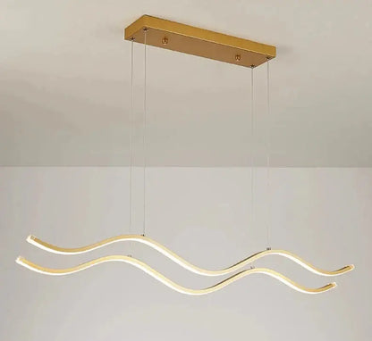 Gold-toned modern pendant light with two wave-shaped led strips for dining room luxury nordic chandeliers by DecorBites