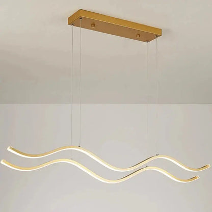 Modern gold-finished rectangular pendant light with two wave-shaped led arms for luxury nordic chandeliers dining room lighting