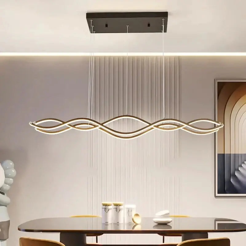 Modern gold-toned led pendant light with wave-like design and rectangular ceiling mount for luxury nordic chandeliers dining room
