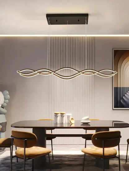 Modern wave-shaped led pendant light with sleek black frame and warm white curves for luxury nordic chandeliers dining room