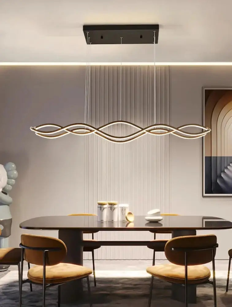 Modern wave-shaped led pendant light with sleek black frame and warm white curves for luxury nordic chandeliers dining room