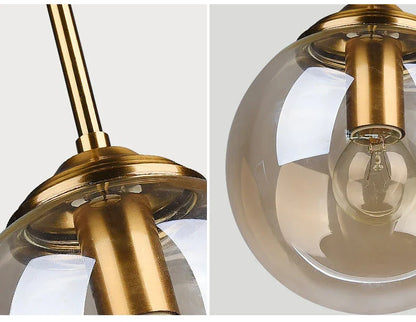 Brass-finished spherical glass pendant luxury nordic led chandelier with visible filament bulb for dining room use