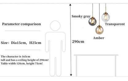 Three spherical glass pendant lights with gold-toned metal fixtures in smoky gray transparent and amber for luxury nordic led chandelier dining room