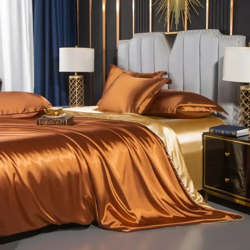 Decorbites luxury nordic silk duvet cover set pcs with bronze satin sheen and gold trim for width bed summer use