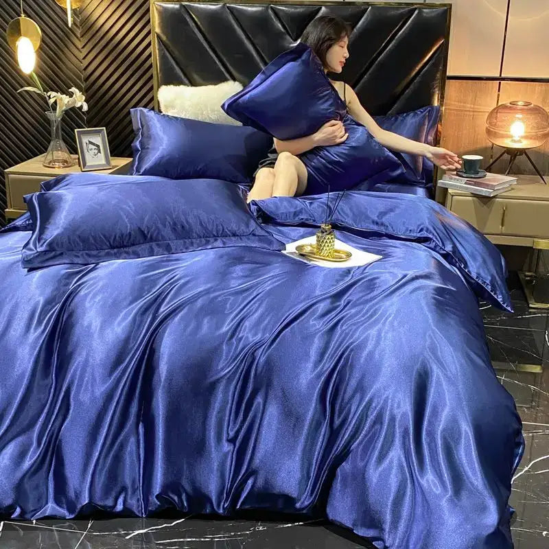 Deep royal blue decorbites luxury rayon silk duvet cover set with glossy finish for king size width bed pcs duvet cover