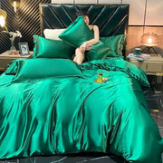 Emerald green satin DecorBites™ king size 3 pcs duvet cover bedding set with a glossy and luxurious finish