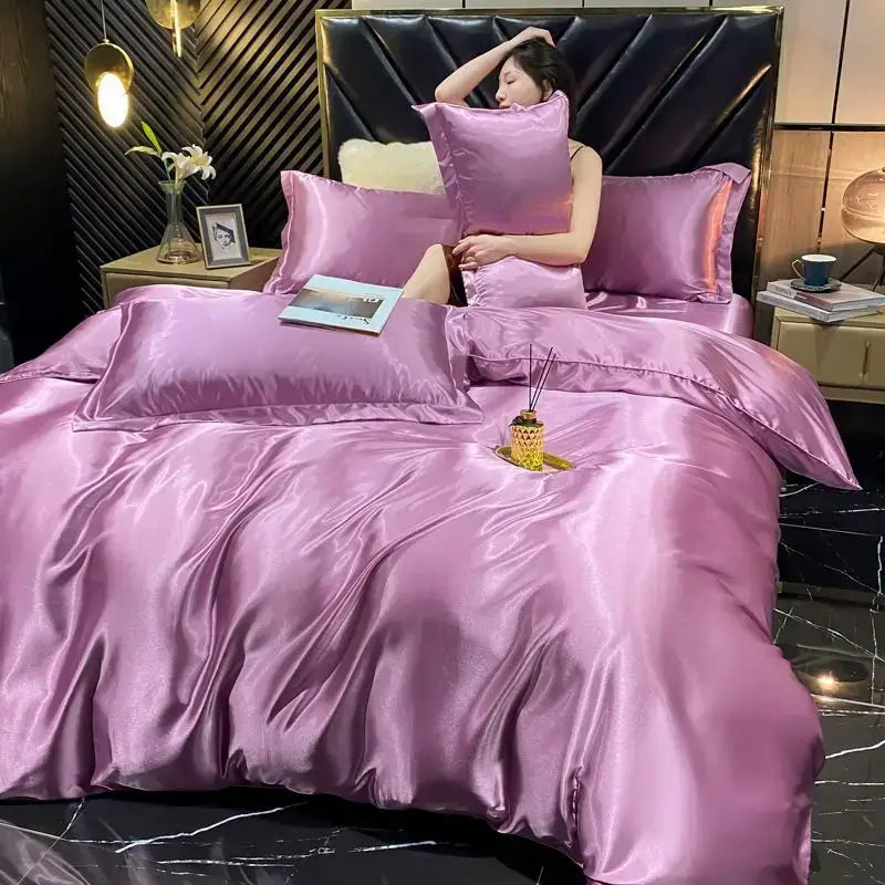 DecorBites™ luxury rayon silk king size duvet cover set in lustrous lavender satin with smooth reflective finish pcs duvet cover