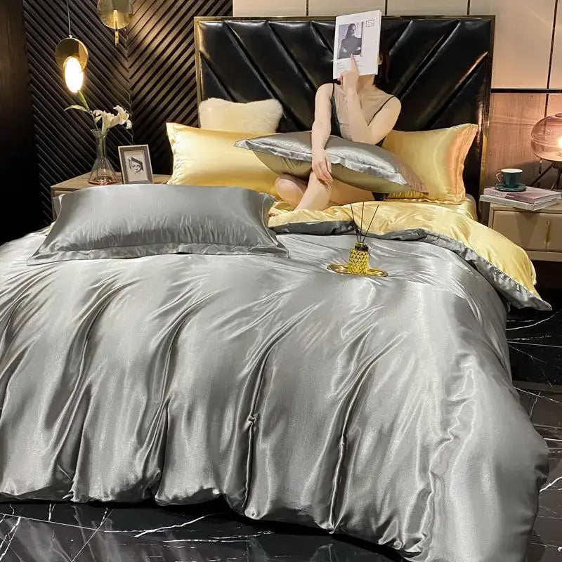 Decorbites luxury rayon silk duvet cover set in silver satin with gold accents for king size width bed pcs duvet cover design