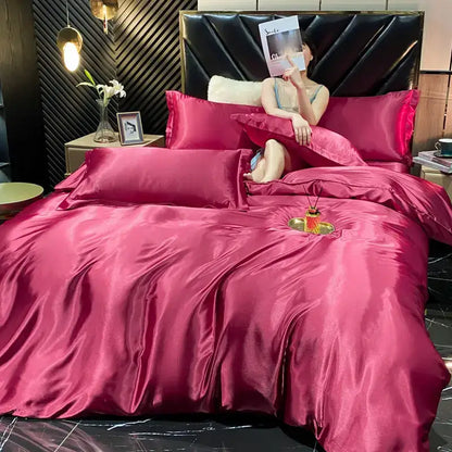 Rich burgundy satin pcs duvet cover from the DecorBites™ luxury silk bedding set king size with a glossy finish