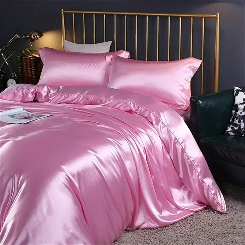 DecorBites™ luxury silk bedding set in pink satin with glossy finish includes duvet cover and matching pillowcases