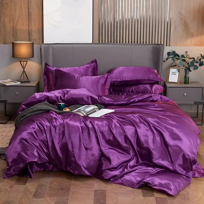 Luxurious decorbites™ purple satin bedding set with pcduvet cover and matching pillows for width bed in rayon satin