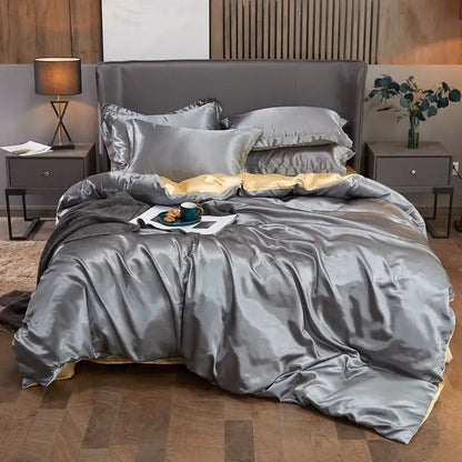 Luxurious silver satin pcduvet cover set with gold inner lining and matching pillows from decorbites™ rayon satin bedding
