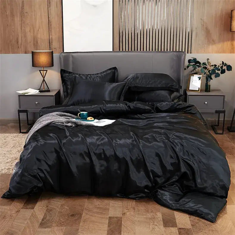 Black satin decorbites luxury solid color bedding set with glossy finish pcduvet cover and matching pillows for width bed