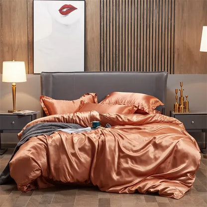 DecorBites luxury solid color copper satin bedding set with matching pillows and dark gray throw blanket for width bed