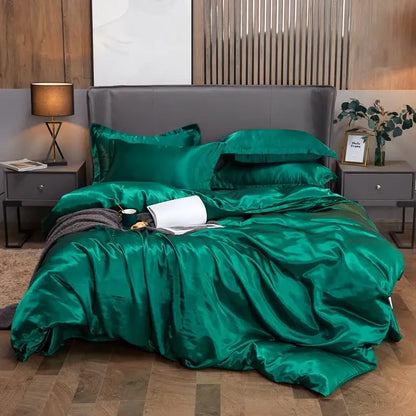 Emerald green satin solid color bedding set with matching pillows and pcduvet cover for twin king and queen width bed