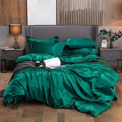Emerald green satin decorbites luxury solid color bedding set with glossy finish for twin queen and king width bed includes pcduvet cover