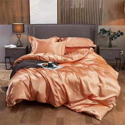Glossy peach satin DecorBites luxury solid color bedding set with matching pillows and pcduvet cover for width bed