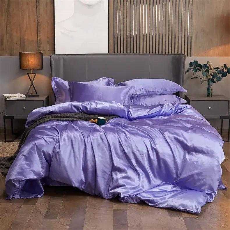 Lavender satin decorbites luxury solid color bedding set with glossy smooth texture and matching pillowcases for width bed