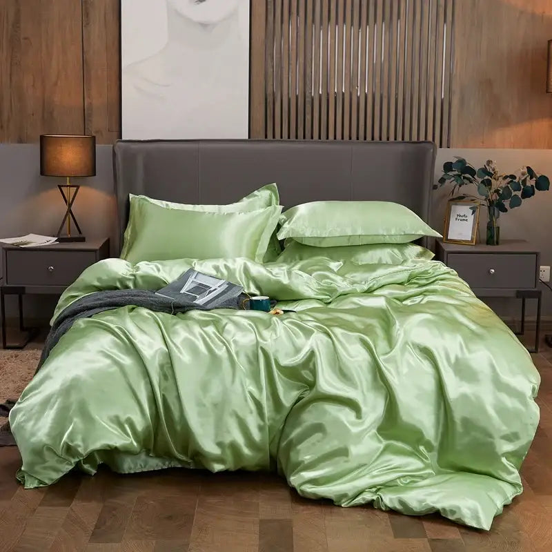 Lush emerald satin pcduvet cover and pillowcases with a smooth glossy finish solid color for width bed DecorBites™ luxury set