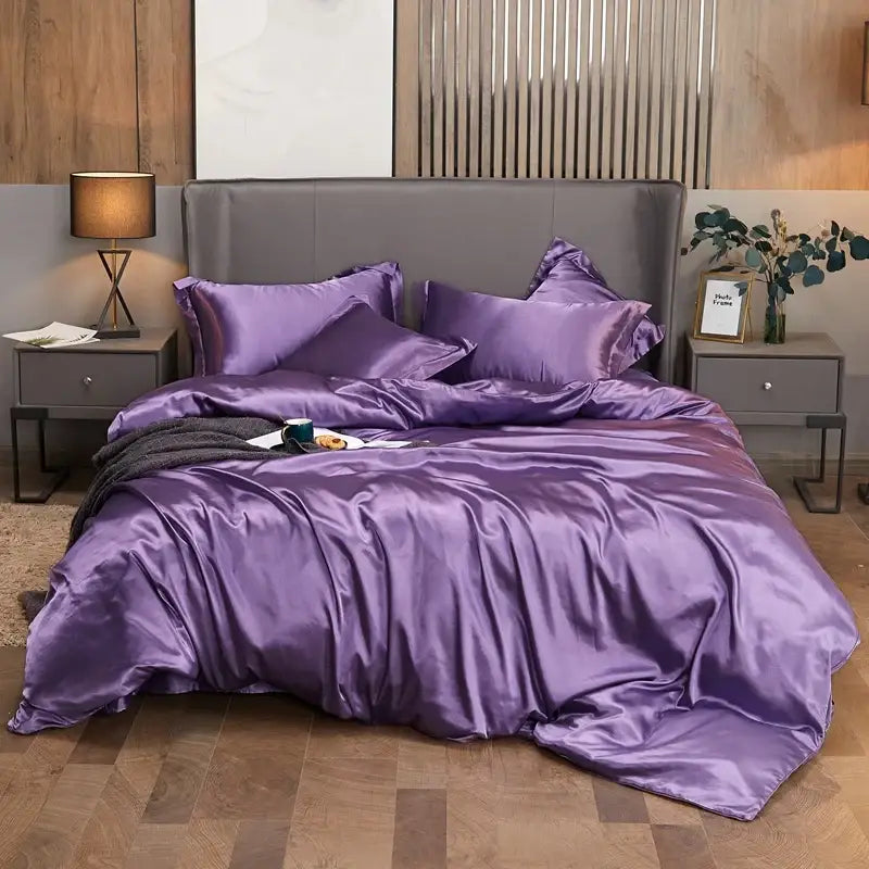 DecorBites™ luxury solid color satin bedding set in lustrous purple with matching pillows and pcduvet cover for width bed