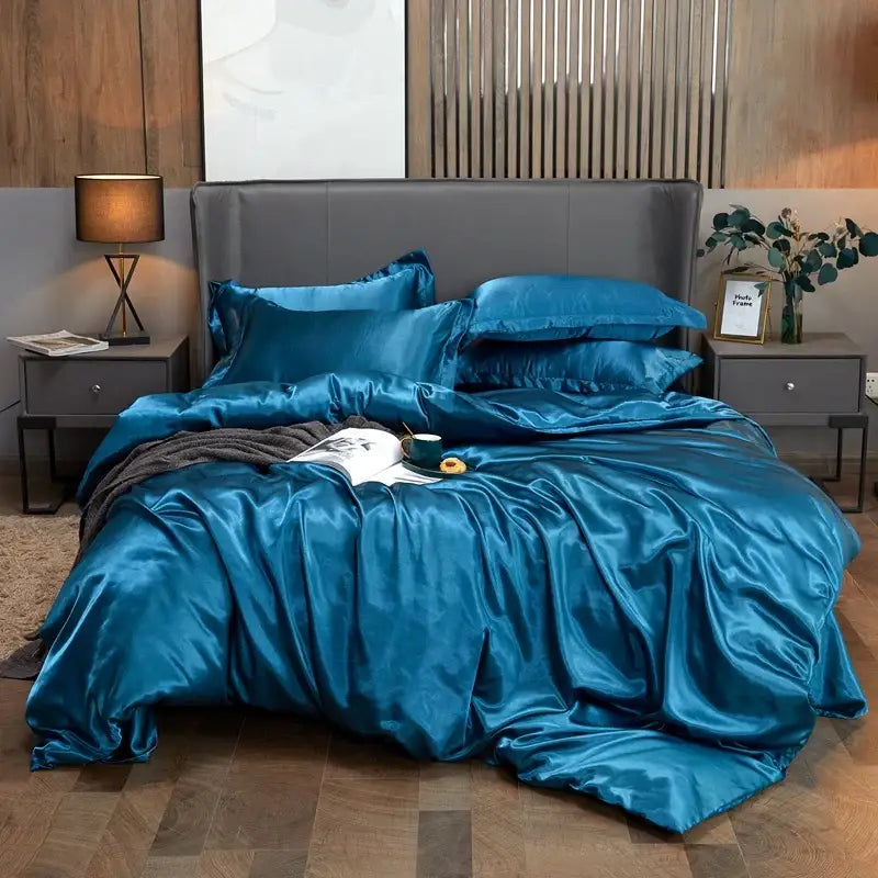 Decorbites™ luxury solid color teal satin bedding set with silky reflective finish pcduvet cover for width bed