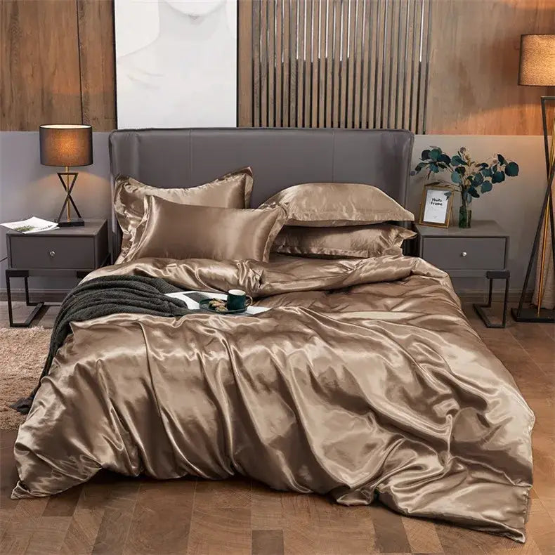 Decorbites luxury solid color bronze satin bedding set with glossy smooth texture and elegant draping for width bed pcduvet cover
