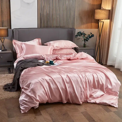 DecorBites™ luxury pink satin solid color bedding set with matching pillows and pcduvet cover for twin king queen width bed