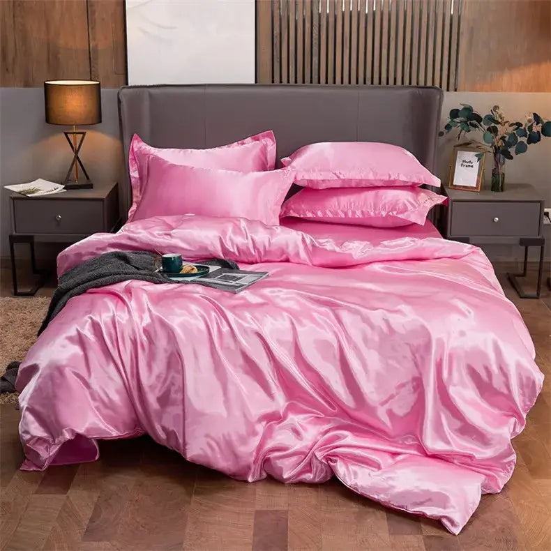 Decorbites luxury solid color pink satin bedding set with pcduvet cover and matching pillows for twin width bed
