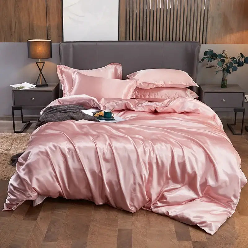 Decorbites™ luxury solid color pink satin bedding set with glossy finish and matching pillows for width bed or pcduvet cover use
