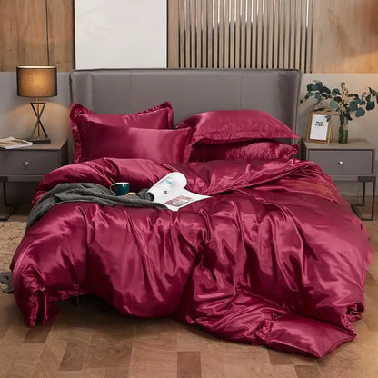DecorBites luxury solid color burgundy satin pcduvet cover set with matching pillowcases for width bed sizes
