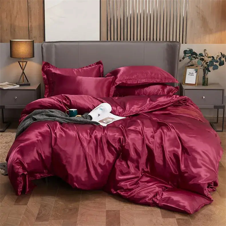 DecorBites luxury solid color pcduvet cover set in rich burgundy satin with smooth glossy finish for width bed use